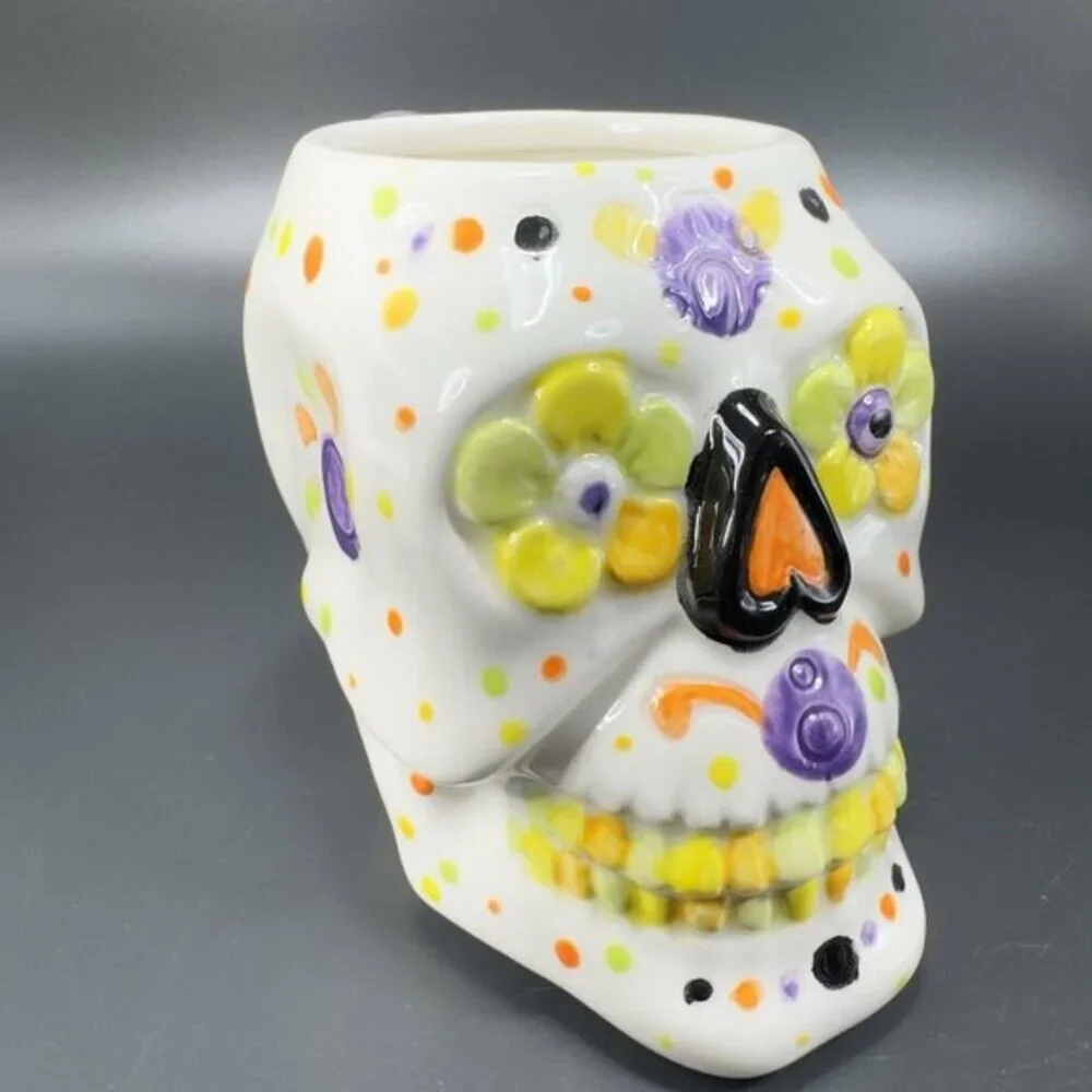 Hand Painted Skull Shaped Large Ceramic Mug Cup‎ Artist Signed Day Of The Dead